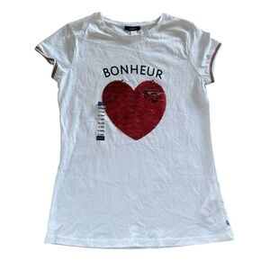 Okaidi “Bonheur” Happiness Sequin Heart T-shirt Top White Girls 14y NWT French
